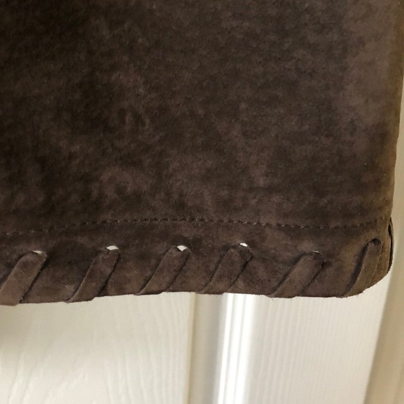 Chico’s Brown Leather Suede Collarless Jacket Coat Topper with Fringe Trim - Picture 9 of 16